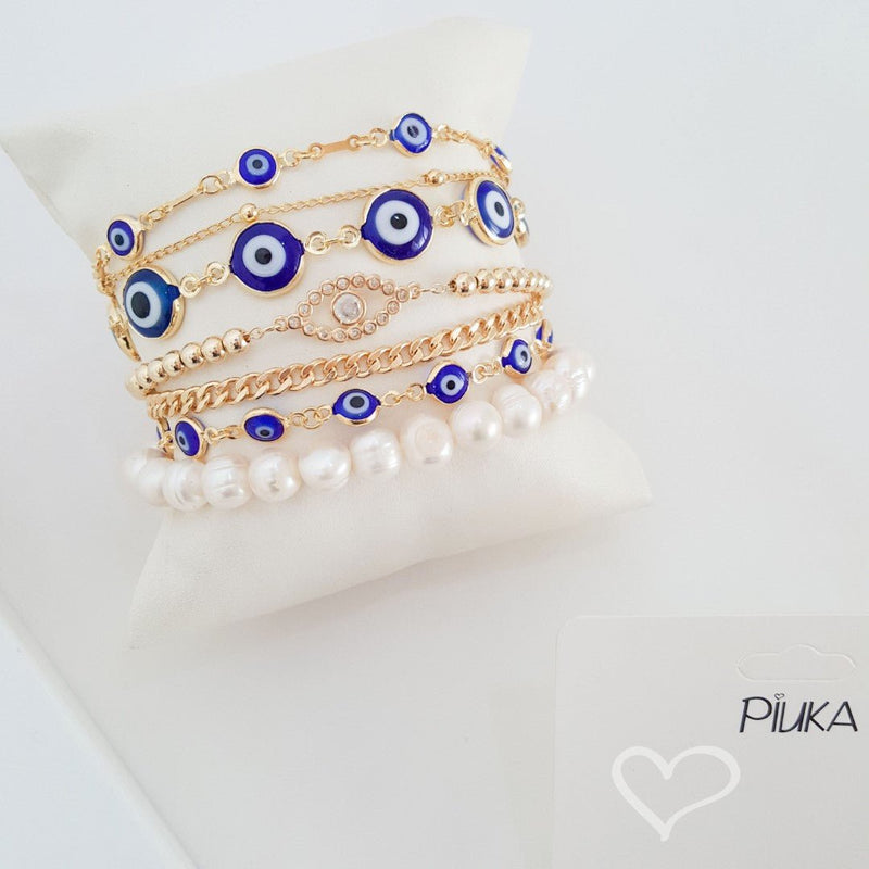 Pulseira Olho Grego Azul Folheada a Ouro 18k Grécia Piuka - Piuka