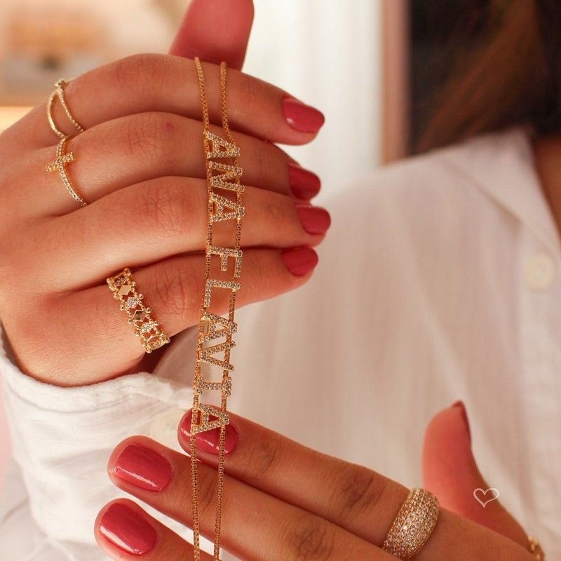 Pulseira Personalizada Nome Corrente Dupla Zircônias Folheada a Ouro 18k - Piuka