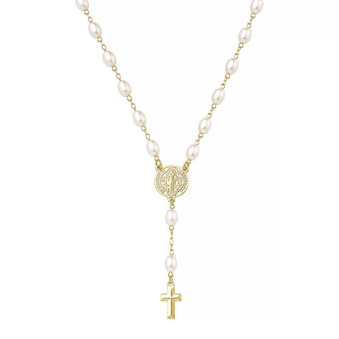 Terço Mini Medalha São Bento Pérolas Folheado a Ouro 18k - Piuka