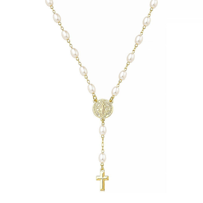 Terço Mini Medalha São Bento Pérolas Folheado a Ouro 18k