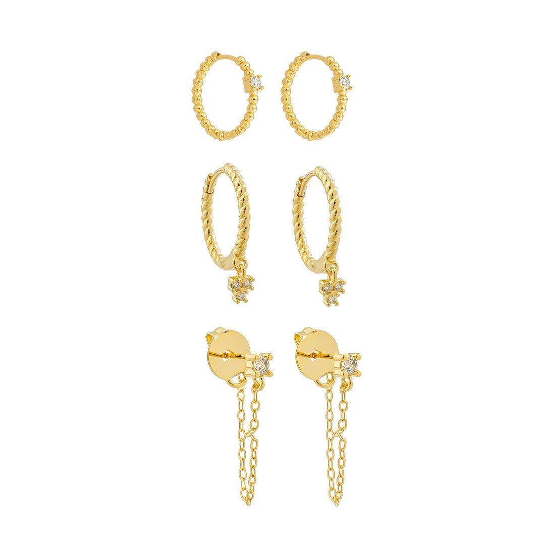 Trio de Argolinhas e Ear Line Ayla Zircônias Folheado a Ouro 18k - Piuka