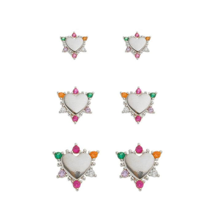 Trio de Brinco Anne Coração Zircônias Coloridas Folheado em Ródio Branco