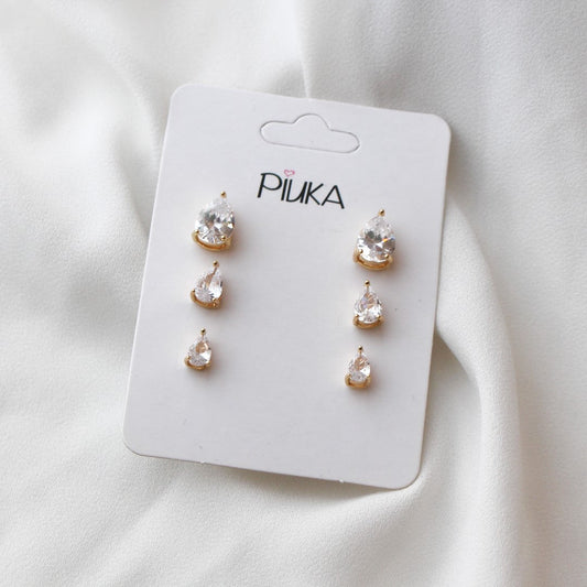 Trio de Brinco Gota Marina Zircônia Folheado a Ouro 18k - Piuka