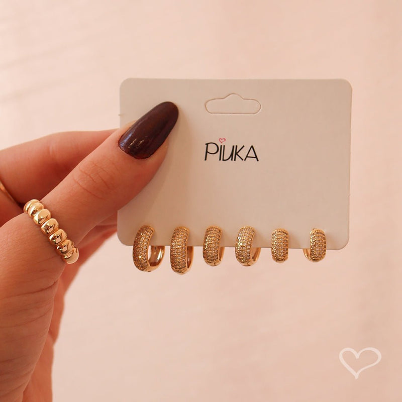 Trio de Brincos Ana Laura Zircônias Foheado a Ouro 18k - Piuka