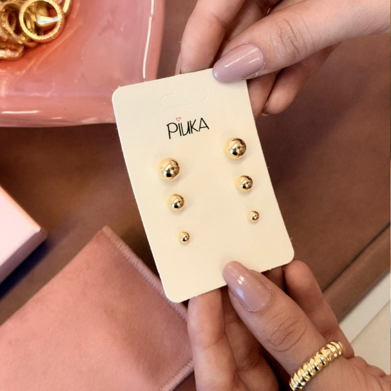 Trio de Brincos Bolinha Selena Folheado a Ouro 18k - Piuka