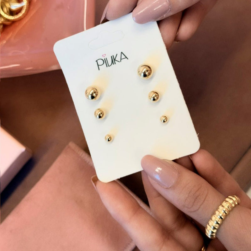 Trio de Brincos Bolinha Selena Folheado a Ouro 18k - Piuka