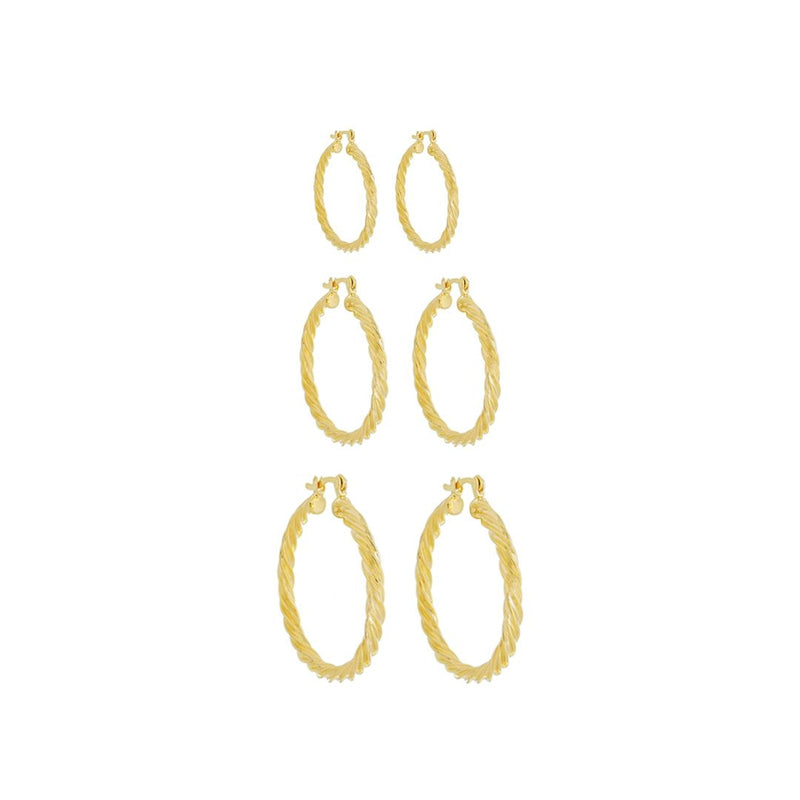 Trio de Brincos de Argola Tubo Torcido Giovana Folheado a Ouro 18k - Piuka