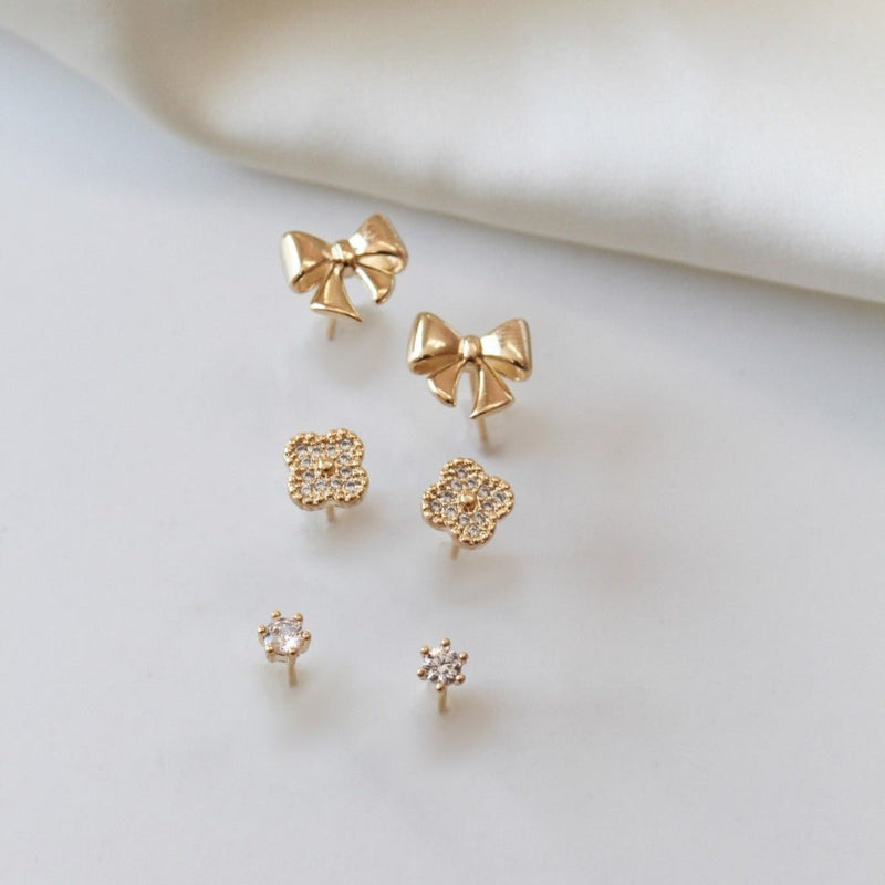 Trio de Brincos Jude Lacinho Ponto de Luz Zircônias Folheado a Ouro 18k - Piuka