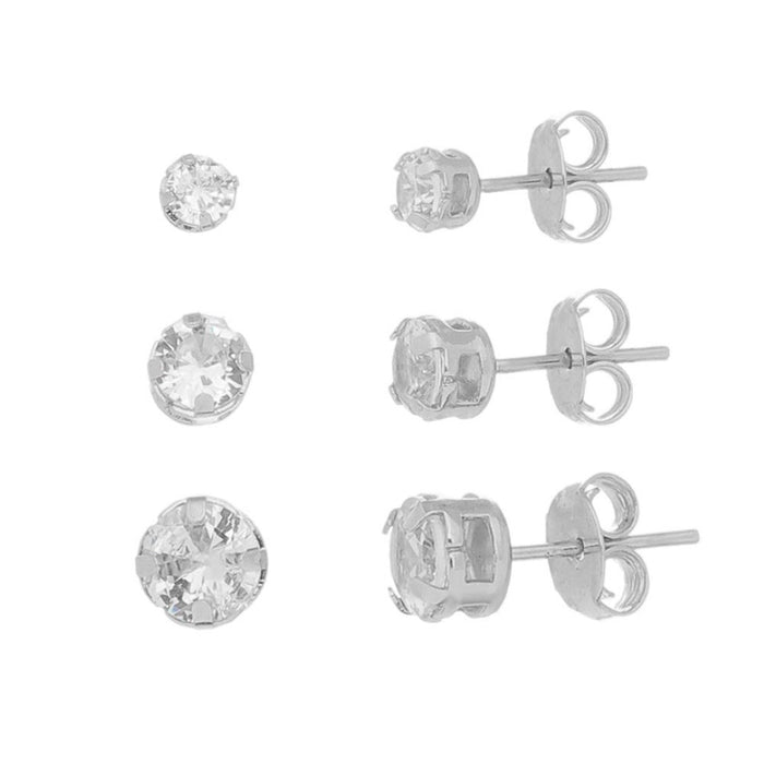 Trio de Brincos Liane Ponto de Luz Zircônia Cristal Folheado em Ródio Branco Piuka