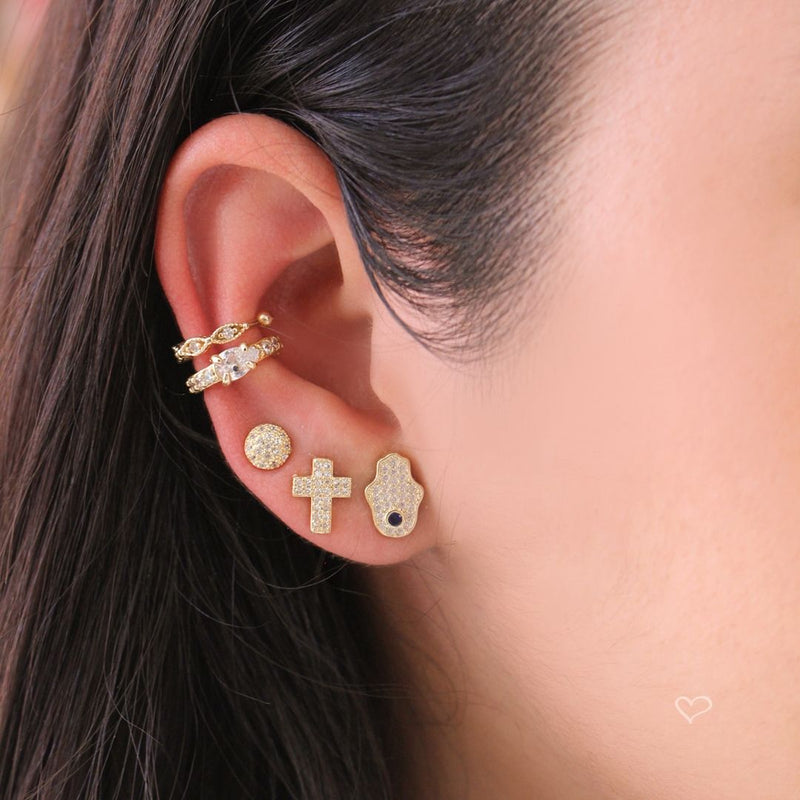 Trio de Brincos Mia Olho Grego Mão Hamsa e Cruz Folheado a Ouro 18k - Piuka