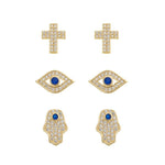 Trio de Brincos Mia Olho Grego Mão Hamsa e Cruz Folheado a Ouro 18k - Piuka