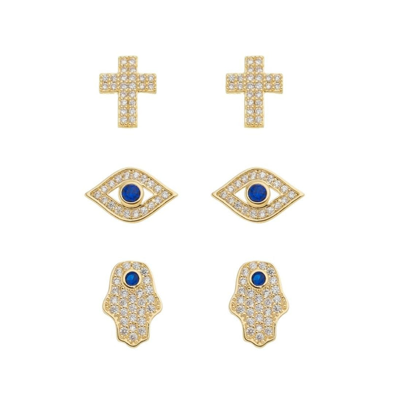Trio de Brincos Mia Olho Grego Mão Hamsa e Cruz Folheado a Ouro 18k - Piuka