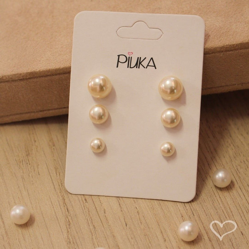 Trio de Brincos Pérolas Folheado em Ródio Branco - Piuka