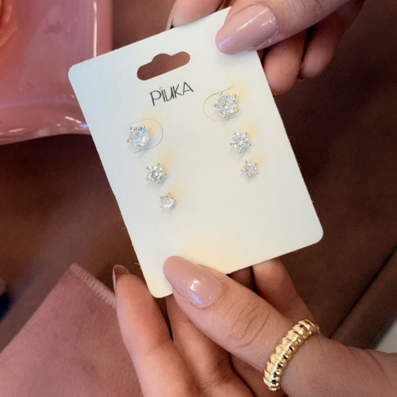 Trio de Brincos Ponto de Luz Bella Zircônias Folheado a Ouro 18k - Piuka
