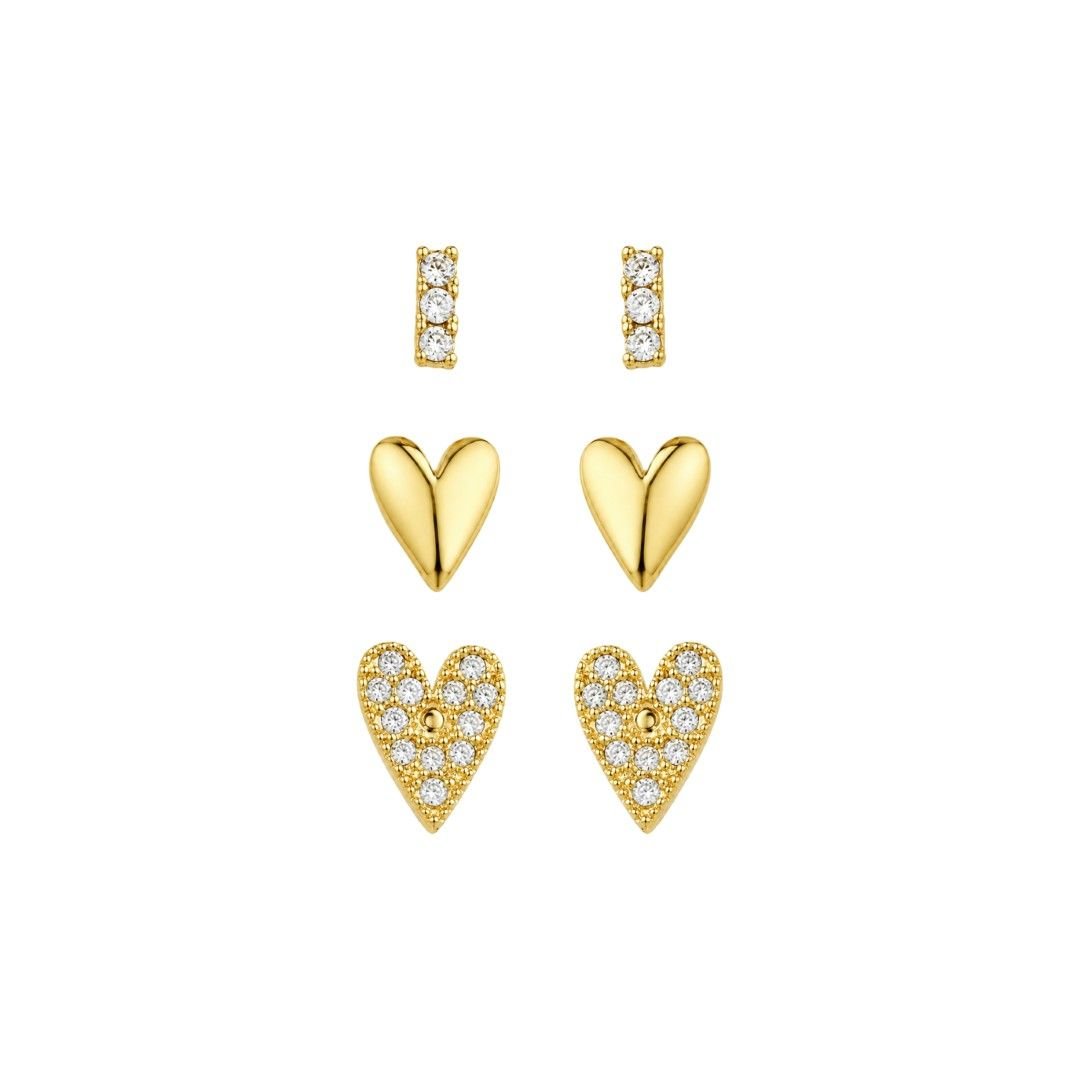 Trio de Brincos Sofia Coração Zircônias Folheado a Ouro 18k - Piuka